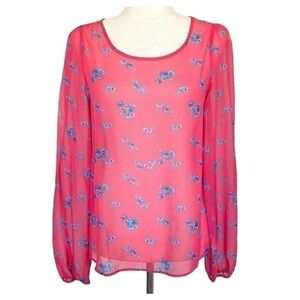 Daytrip Floral Sheer Mesh Nude Long Sleeve Blouse Size Medium Pink Blue #100